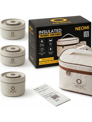 Neomi 3'lü Set Lunch Box Isı Yalıtımlı Yemek Termosu Seti Paslanmaz Çelik Çantalı 304 Çelik Tse Belgeli