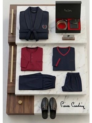 Pierre Cardin Erkek 8 Parça Çeyizlik Lüks Set - Robdöşambr & Pijama Takımı & Kemer - Cüzdan Seti & Deri Terlik