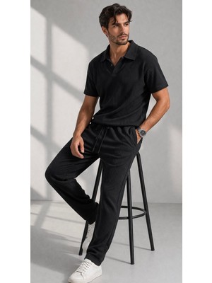 Atk Giyim Vakarlı Kumaş Polo Yaka Tişört ve Pantolon Takımı - Günlük Klasik Stil Erkek Regular Kesim Vakarlı Kumaş Alt Üst Kombin - Yeni Sezon