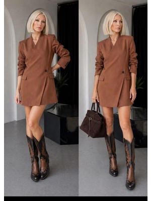 İbeeka Luxury Collectrion Italyan Kesim Kruvaze Ceket - Etek Takım - Kahverengi - M - ST01127-KAHVERENGİ-M