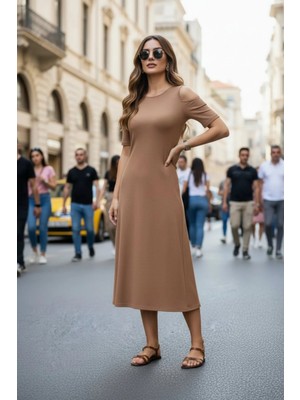 Mossta Omuzu Açık Midi Viskon Elbise - Kahve