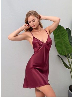 Loule Kadın Zarif Bordo Göğüs Dantel Işlemeli & Çapraz Askılı Saten Gecelik