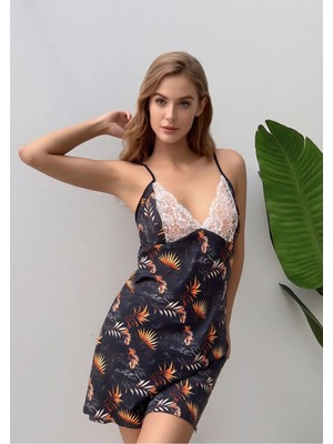 Loule Kadın V Yaka Dantel Işlemeli Desenli Ince Askılı Saten Gecelik