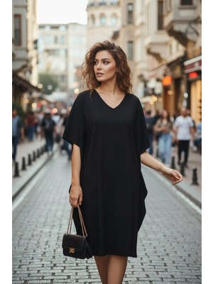 Mossta Yanı Volan Detaylı Mini Ithal Krep Elbise - Siyah
