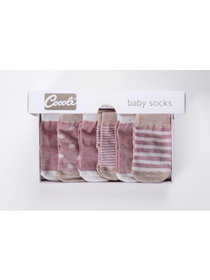 Cocole Socks Kız Bebek Çorabı 6’lı Set Pamuklu Gül Kurusu Karışık Desenli Yenidoğan 0-1 Yaş Hediyelik Kutulu