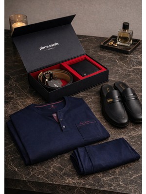 Pierre Cardin Pamuklu Pijama Takımı & Deri Terlik & Hakiki Kemer Cüzdan Seti - Çeyizlik Rahat Ev Giyim Kombini
