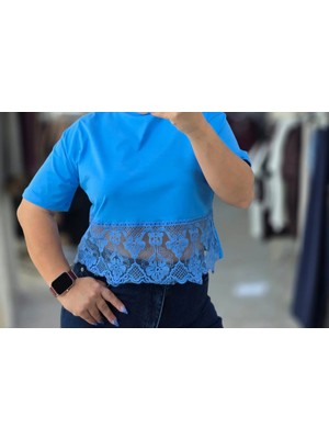 İnci Ersöz Tişört Crop Dantelli Mavi 2207