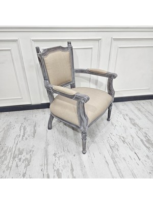 Hasağaç Liona Vintage Eskitme Gri Masif Ahşap Oymalı Bej Kumaş Berjer