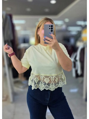 İnci Ersöz Tişört Crop Dantelli Sarı 2207