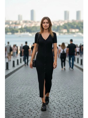 Mossta Önden Düğmeli Uzun Kaşkorse Elbise - Siyah