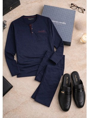 Pierre Cardin Erkek %100 Pamuklu Pijama Takımı & Deri Terlik Seti - Çeyizlik Şık & Rahat Ev Giyim Kombini