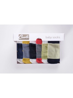 Cocole Socks Unisex Bebek Çorabı 6’lı Set Pamuklu Çizgili Karışık Desenli Yenidoğan 0-1 Yaş Hediyelik Kutulu