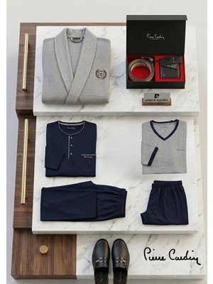 Pierre Cardin Erkek 8 Parça Çeyizlik Lüks Set - Robdöşambr & Pijama Takımı & Kemer - Cüzdan Seti & Deri Terlik