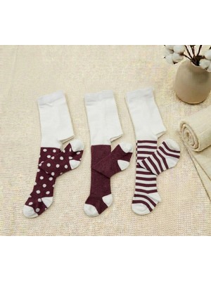 Cocole Socks Kız Bebek Külotlu Çorabı 3'lü Set Pamuklu Bordo Karışık Desenli Yenidoğan 0-1 Yaş