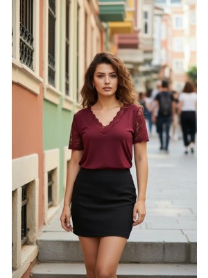 Mossta Kısa Kollu V Yaka Dantelli Viskon Bluz - Bordo