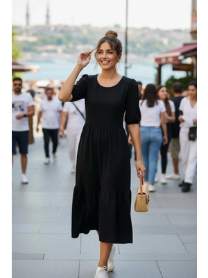 Mossta Kısa Kollu Bürümcük Balon Elbise - Siyah
