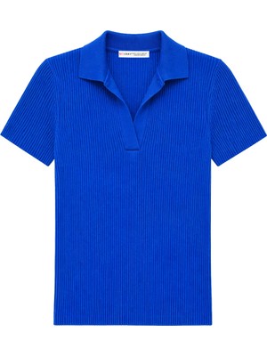 Mixray 2091 Kadın Polo Yaka Fitilli Kısa Kollu Triko Bluz Mavi