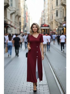 Mossta Asimetrik Yaka Düğme Detaylı Midi  Viskon Elbise - Bordo