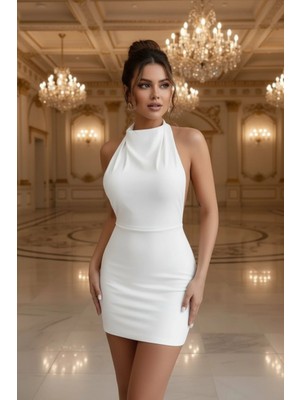 Mossta Sırt Dekolteli Halter Yaka Bodycon Mini Davet Elbisesi - Beyaz
