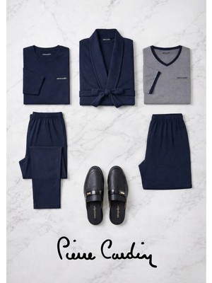 Pierre Cardin 5 Parça %100 Pamuklu Robdöşambr Pijama Takımı & Deri Terlik - Çeyizlik Rahat Ev Giyim Kombini