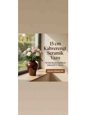 Velora Home Bohem Tarzı Seramik Vazo - 15 cm Kahverengi, Pembe Beyaz Çiçek Aranjmanı
