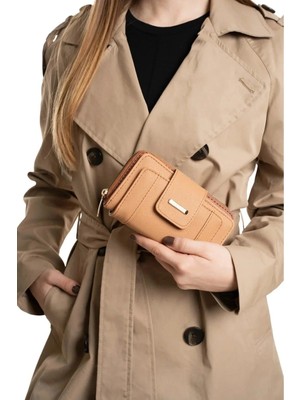 Newish Polo Kadın Patlı Kapaklı Fermuarlı Şeritli Portföy Cüzdan Vegan Suni Deri - Orta Boy