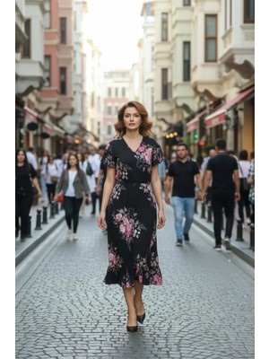 Mossta Kısa Kollu Desenli Midi Süprem Elbise - Siyah