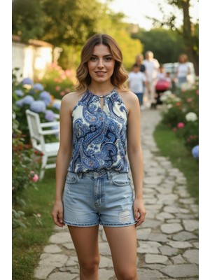 Mossta Halter Yaka  Halkalı Desenli Süprem  Bluz - Mavi