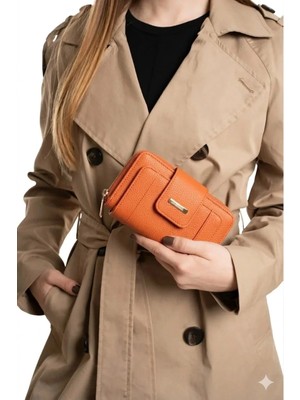 Newish Polo Kadın Patlı Kapaklı Fermuarlı Şeritli Portföy Cüzdan Vegan Suni Deri - Orta Boy