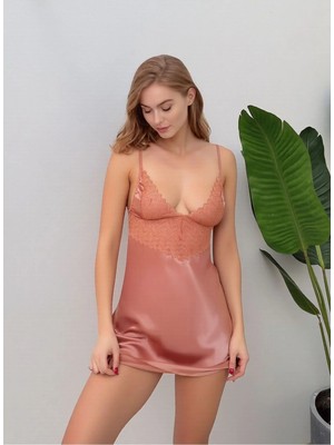 Loule Kadın Somon Dantel Detaylı Saten Gecelik - Şık & Zarif Çeyizlik Gecelik