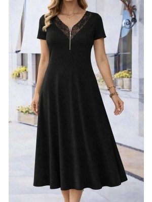 Çamaşır Kenti Kadın Kısa Kollu Dantel V Fermuar Yakalıuzun Viskon Elbise