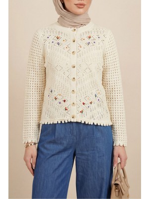Moda Morfo Çiçek Nakışlı Ajurlu Triko Hırka -Krem