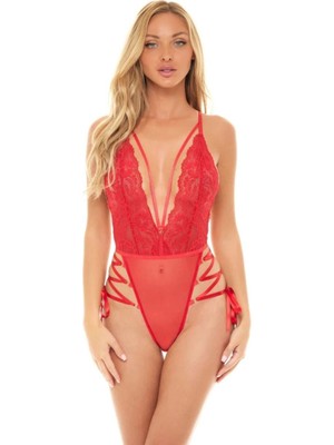 MiraLive Ip Detaylı Dantelli Kırmızı Transparan Fantezi Body
