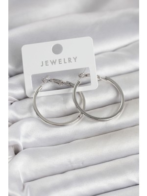 Senson Gümüş Renk Pirinç Köşeli Kenar Halka 32 mm Kadın Küpe - Lisinya