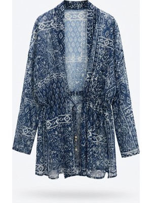 Quzu Etnik Desenli Beli Bağlamalı Kısa Kimono Lacivert