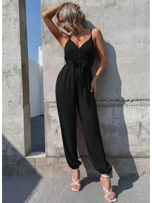 Çamaşır Kenti Kadın Ip Askılı Kruvaze Yakalı Belden Kuşaklı Uzun Sandy Tulum