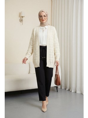 Moda Morfo Desenli Araboy Örme Triko Hırka -Krem