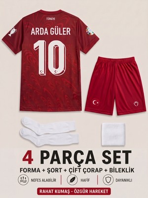 Andream Arda Güler Türkiye Milli Takım Kırmızı Çocuk Futbol Forması Forma Şort Çorap Bileklik 4 Parça
