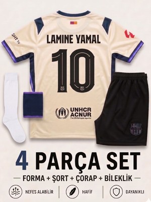 Andream Barcelona Lamine Yamal Krem Çocuk Futbol Forması Forma Şort Çorap Bileklik 4 Parça