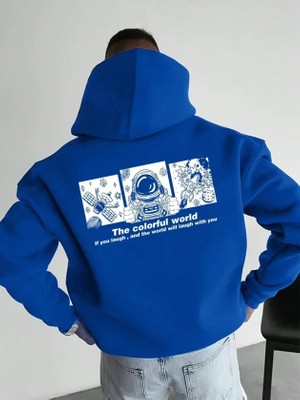 Çamaşır Kenti Erkek Kapüşonlu Oversize Üç Iplik Pamuklu Astronot Temalı Renkli Dünya Baskılı