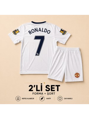 Andream Manchester United Ronaldo 7 Çocuk Futbol Forması Forma Şort 2 Parça Beyaz