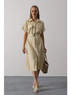 Çamaşır Kenti Kuşaklı Cep Detaylı Yarım Kol Elbise