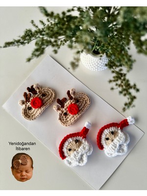 PremiumPort Yenidoğan 4'lü El Emeği Bebek Tokası Seti, Noel Baba Temalı, Klipsli