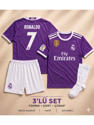 Andream  Real Madrid Ronaldo 7 2017/18 Sezon Mor Çocuk Futbol Forması Forma Şort Çorap 3 Parça