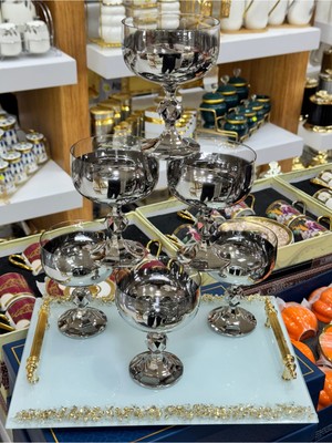 Özbience 6'lı Titanyum Gümüş Sunumluk Dondurma ve Şekerlik Takımı