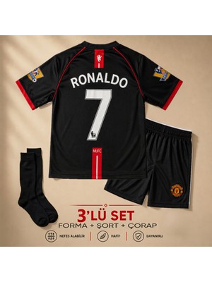 Andream Manchester United Ronaldo 7 Çocuk Futbol Forması Forma Şort Çorap 3 Parça Siyah