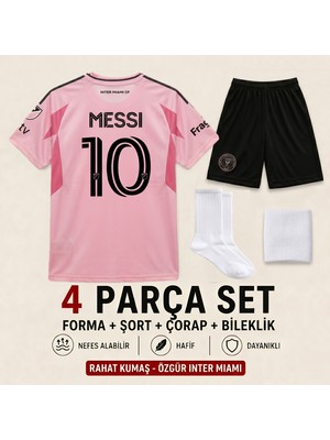 Andream Inter Miami Lionel Messi Pembe Çocuk Futbol Forması Forma Şort Çorap Bileklik 4 Parça