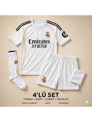 Andream Mbappe Real Madrid 2025/26 Yeni Sezon Çocuk Futbol Forması Forma Şort Çorap Bileklik 4 Parça