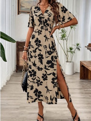 Bi Baksana Kadın Kısa Kollu V Yakalı Beli Lastikli Yırtmaçlı Uzun Leopar Desenli Süprem Elbise