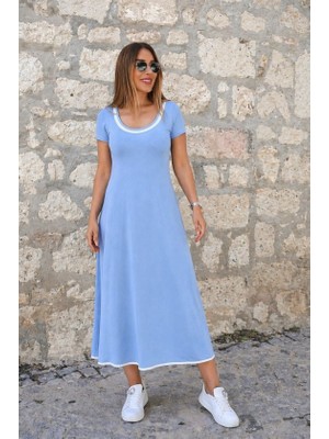 Evyora Kadın Kısa Kollu Yuvarlak Yakalı Yakası Renkli Kiloş Midi Viskon Elbise